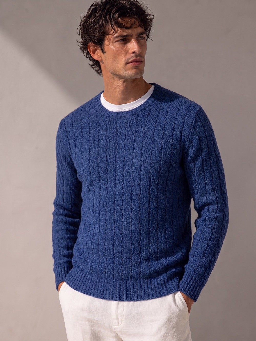 Shetland Wool Line Of Trade Blue Cable Knit Crew Neck Mariner Sweater Mens Sz S